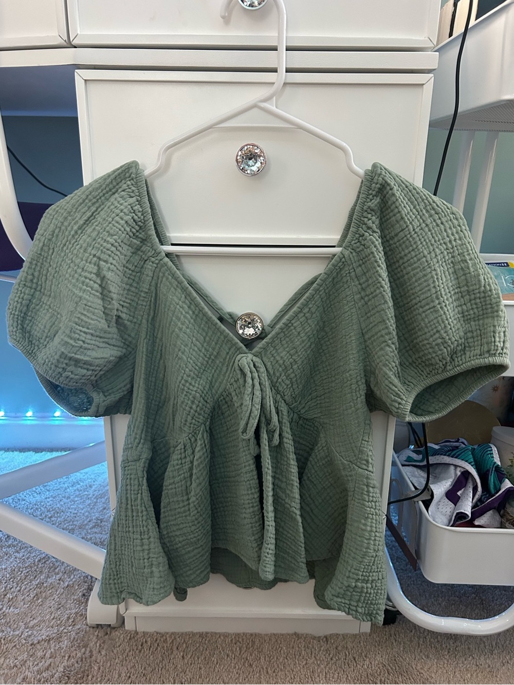 Francesca's Sage Green Gauze Cotton Puff Sleeve Peplum Tie Front Top